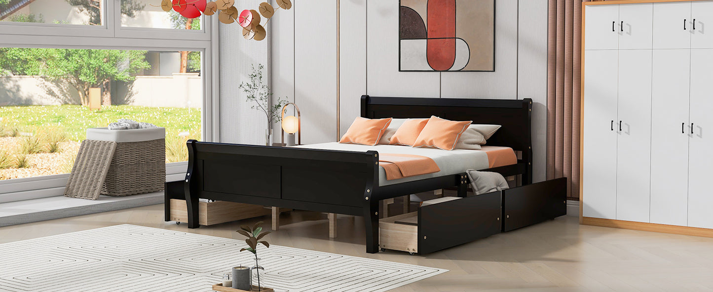 Queen Size Wood Platform Bed with 4 Drawers and Streamlined Headboard & Footboard, Espresso