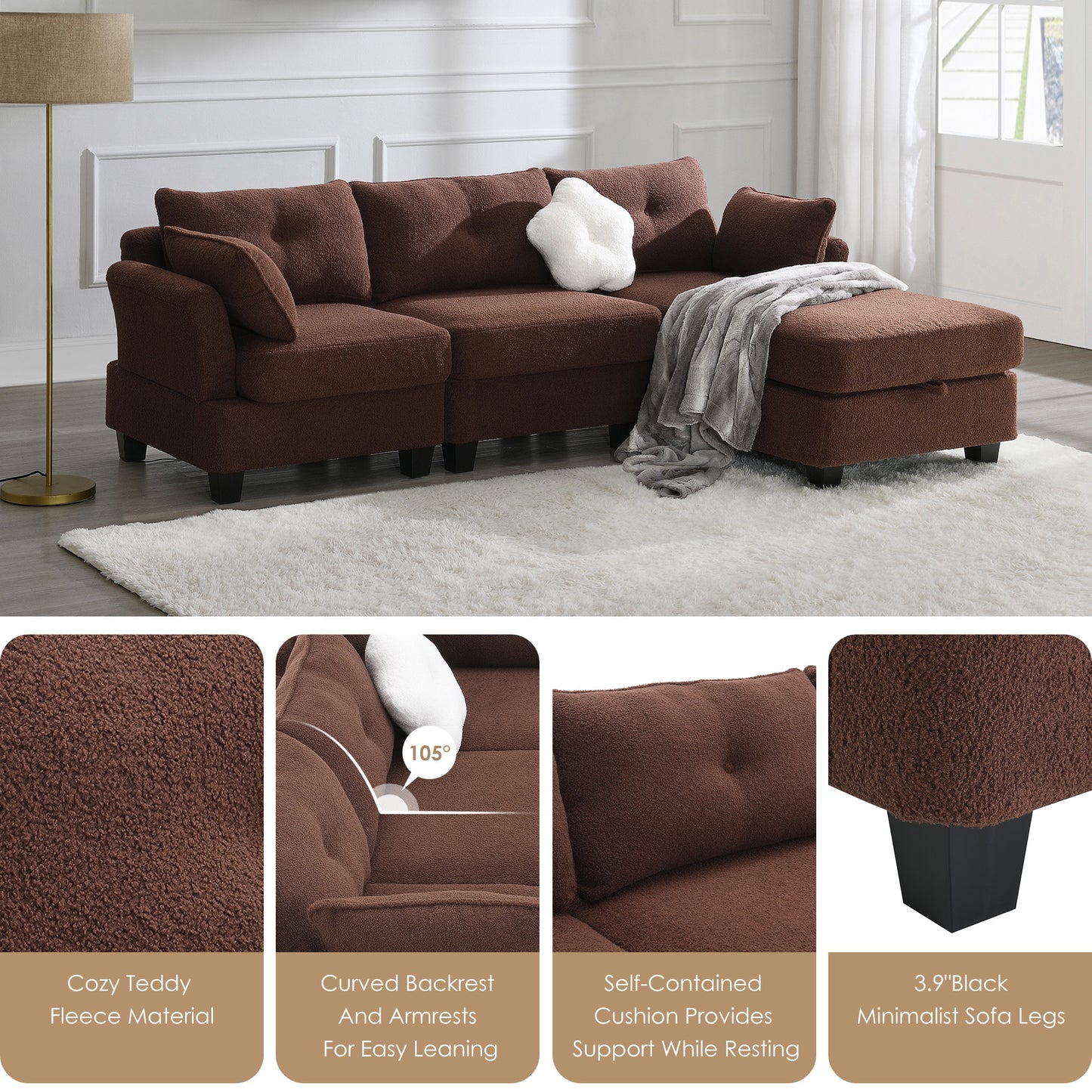 Modern Velvet L-Shaped Sectional Sofa with Charging Ports and Ottoman