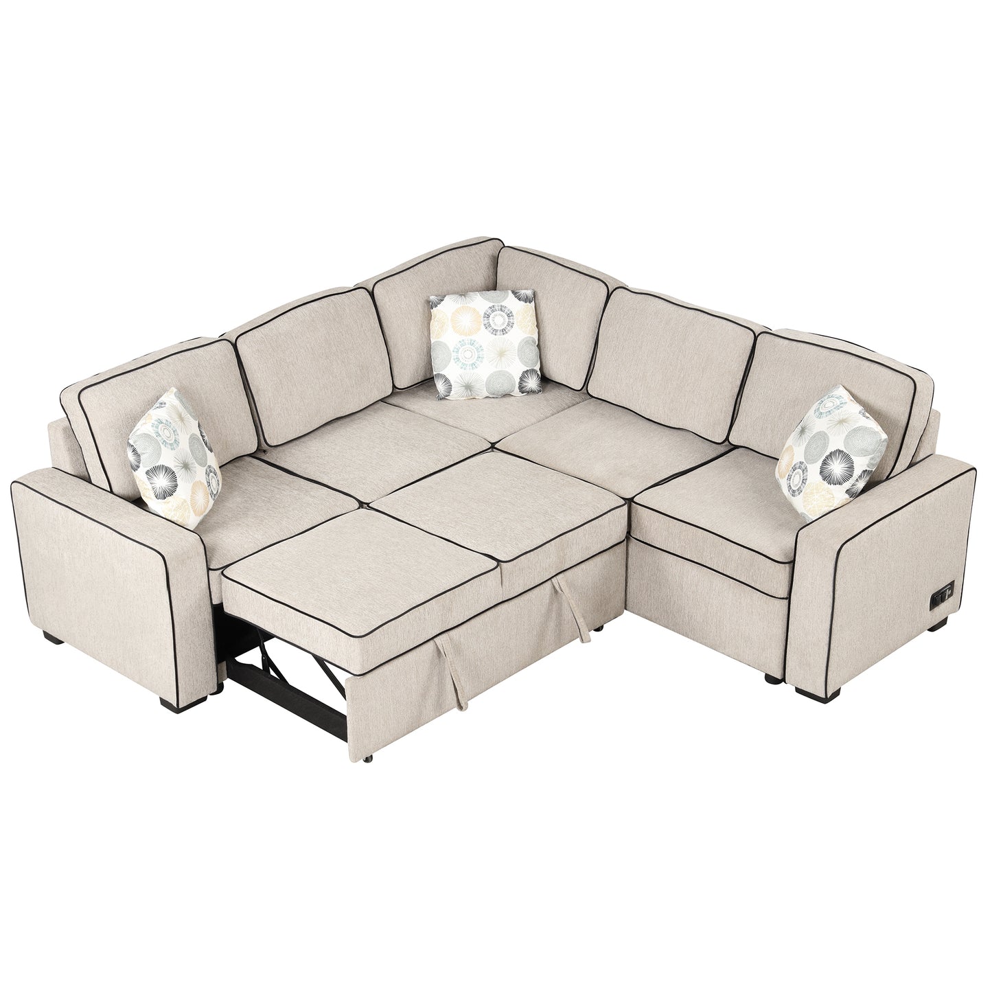 83 Cream Convertible L-Shaped Sleeper Sofa with USB Ports and Power Sockets