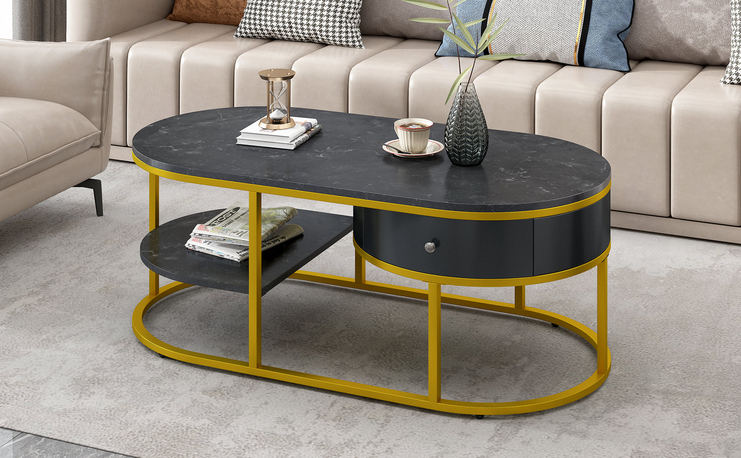 Golden Marble Coffee Table with Metal Frame, Drawers & Shelves for Living Room