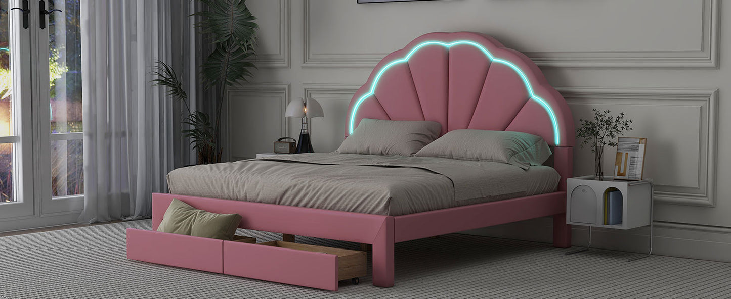 Queen Size Upholstered Platform Bed with Seashell Shaped Headboard, LED and 2 Drawers, Pink