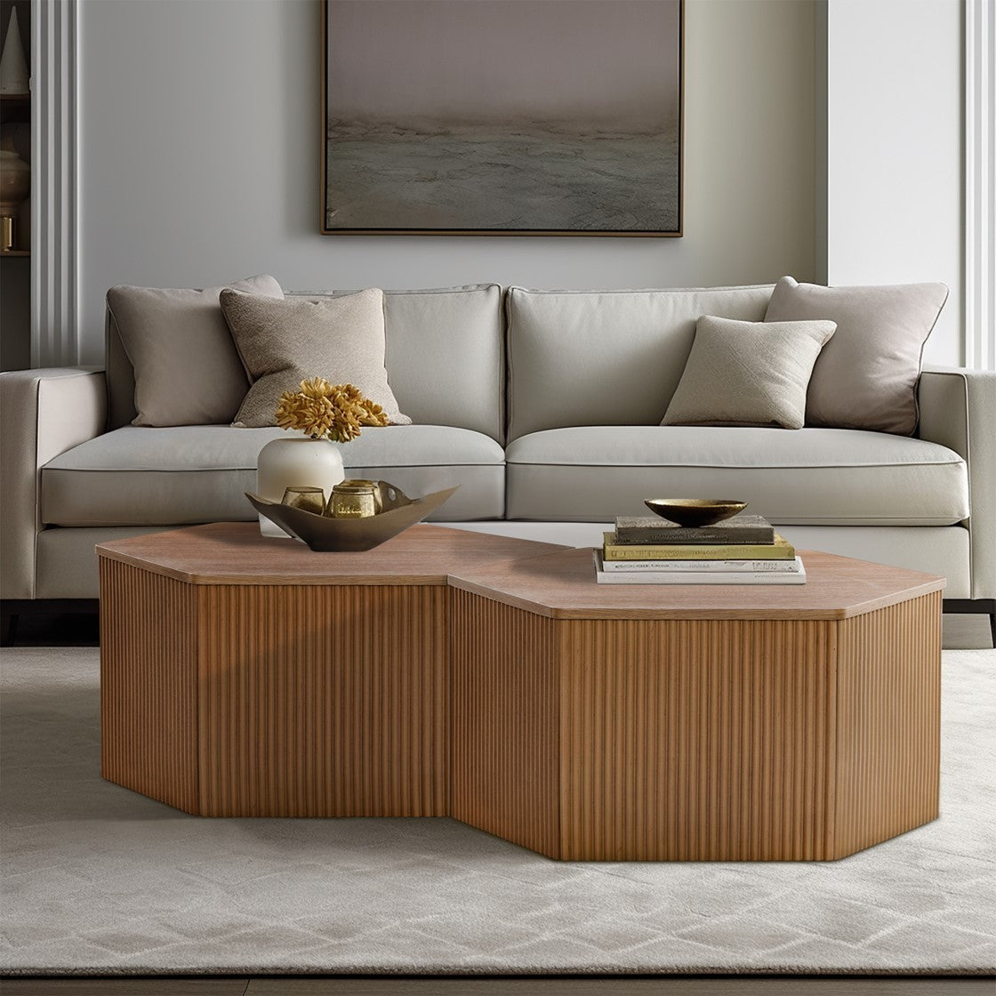 Hexagonal Wooden Coffee Table with Fluted Design