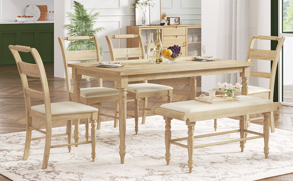 6-peice Dining Set with Turned Legs, Kitchen Table Set with Upholstered Dining Chairs and Bench,Retro Style, Natural