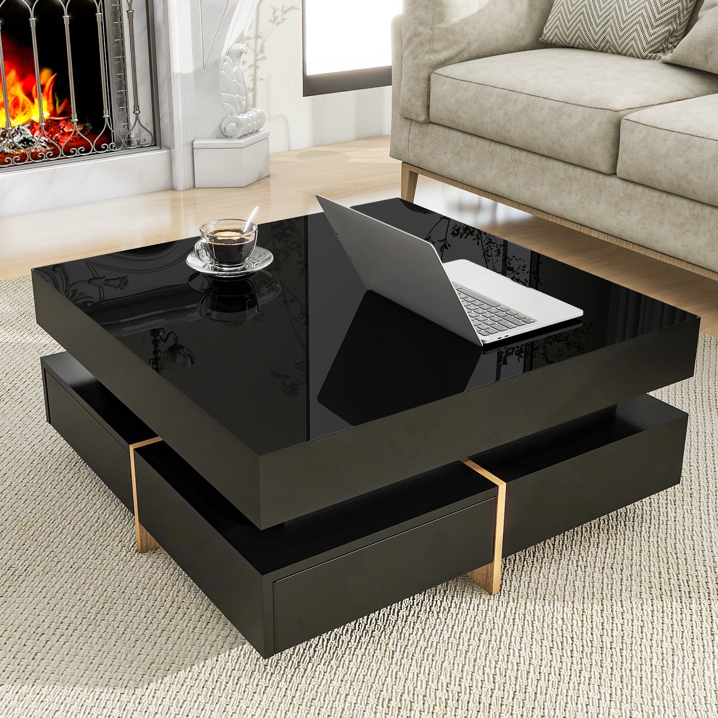 Modern Sleek Black Coffee Table with Wood Grain Legs and 4 Drawers, Square Multi-Storage Center Table for Living Room, 31.5''x31.5'', Black