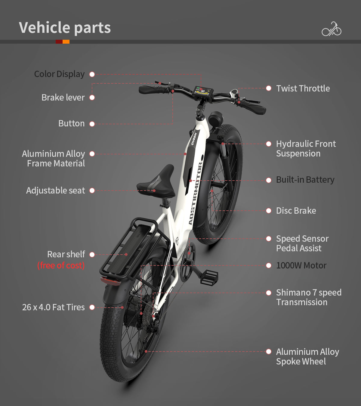 AOSTIRMOTOR new pattern 26" 1000W Electric Bike Fat Tire 52V15AH Removable Lithium Battery for Adults(white)