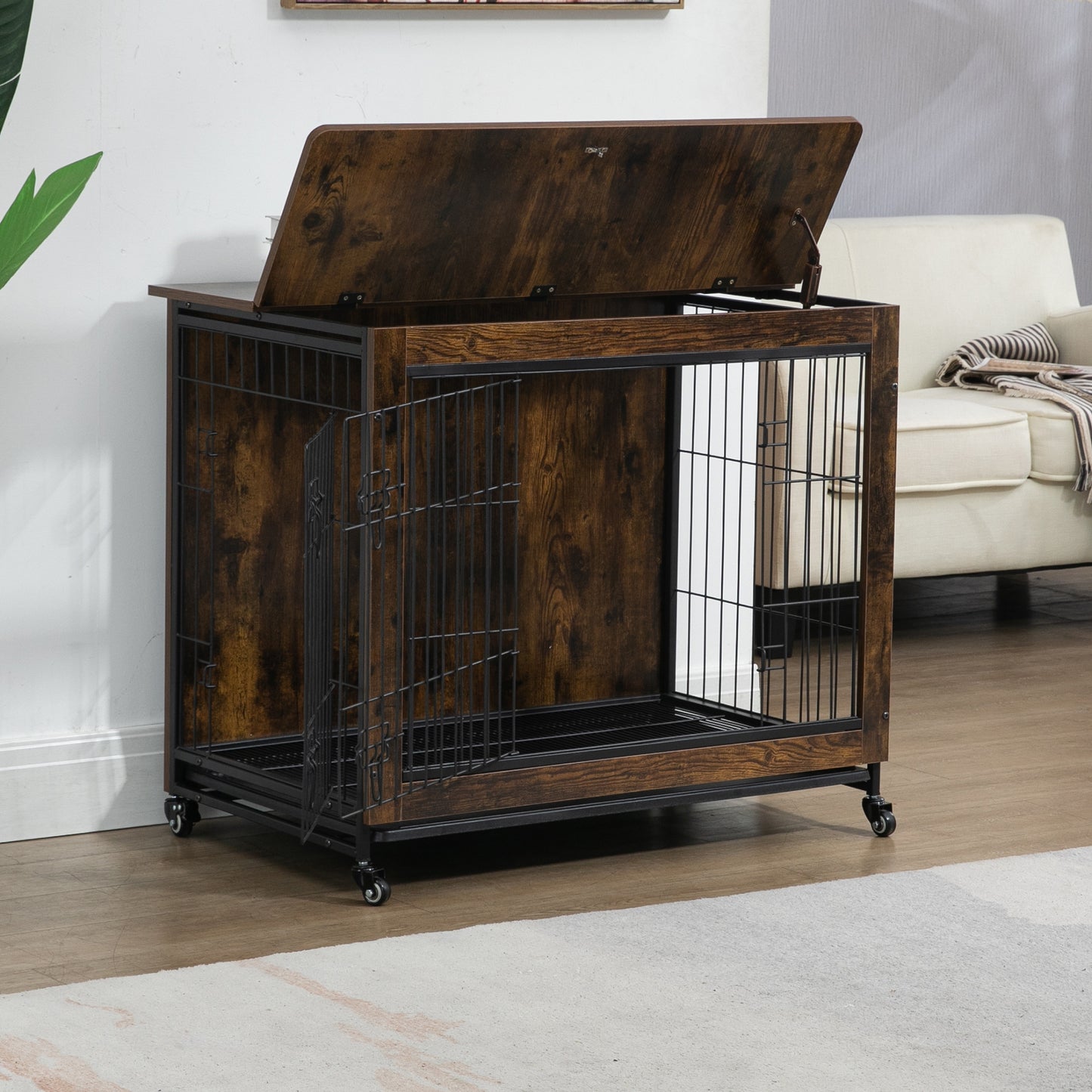 23.6"L x 20"W x 26"H Dog Crate Furniture with Cushion, Wooden Dog Crate Table, Double-Doors Dog Furniture, Dog Kennel Indoor for Small Dog, Dog House, Dog Cage Small,  Rustic Brown