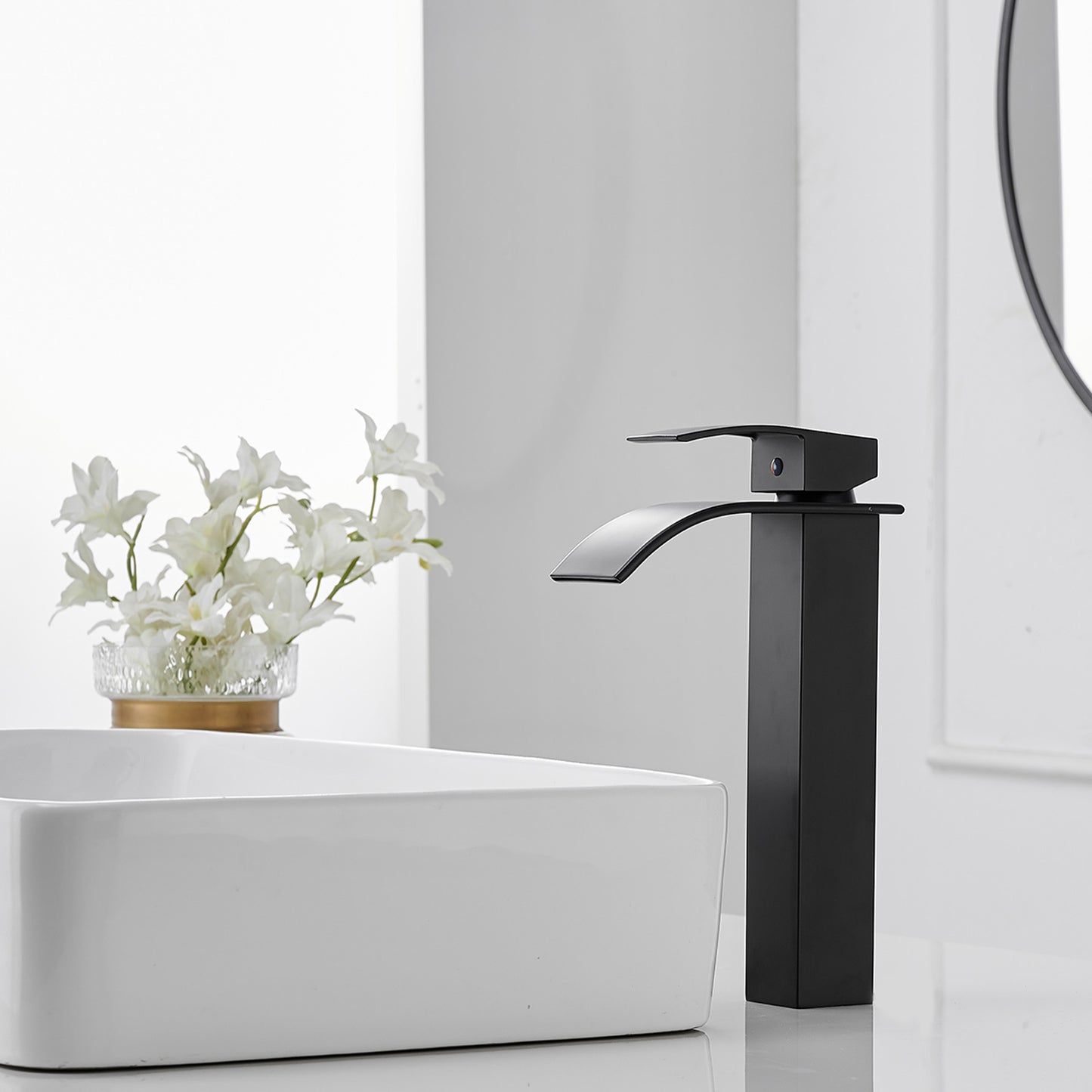 Matte Black Waterfall Bathroom Vessel Sink Faucet with Single Hole Handle and Pop-up Drain