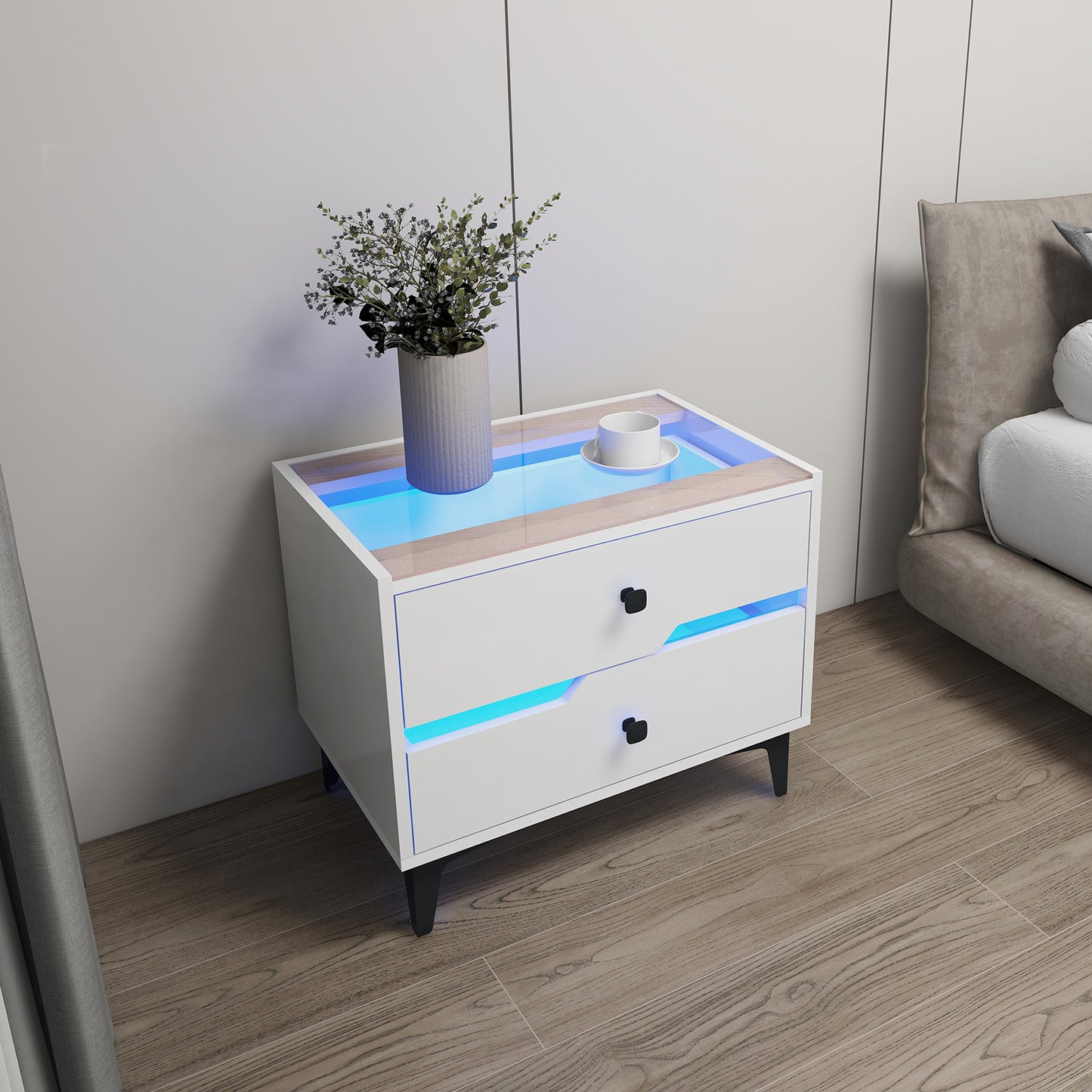 Smart Bedside Table, Nightstand with LED Light Nightstand Modern White High Gloss Bedside Table with 2 Storage Drawers for Bedroom Wooden Smart Side Table End Table with LED Lights (White)