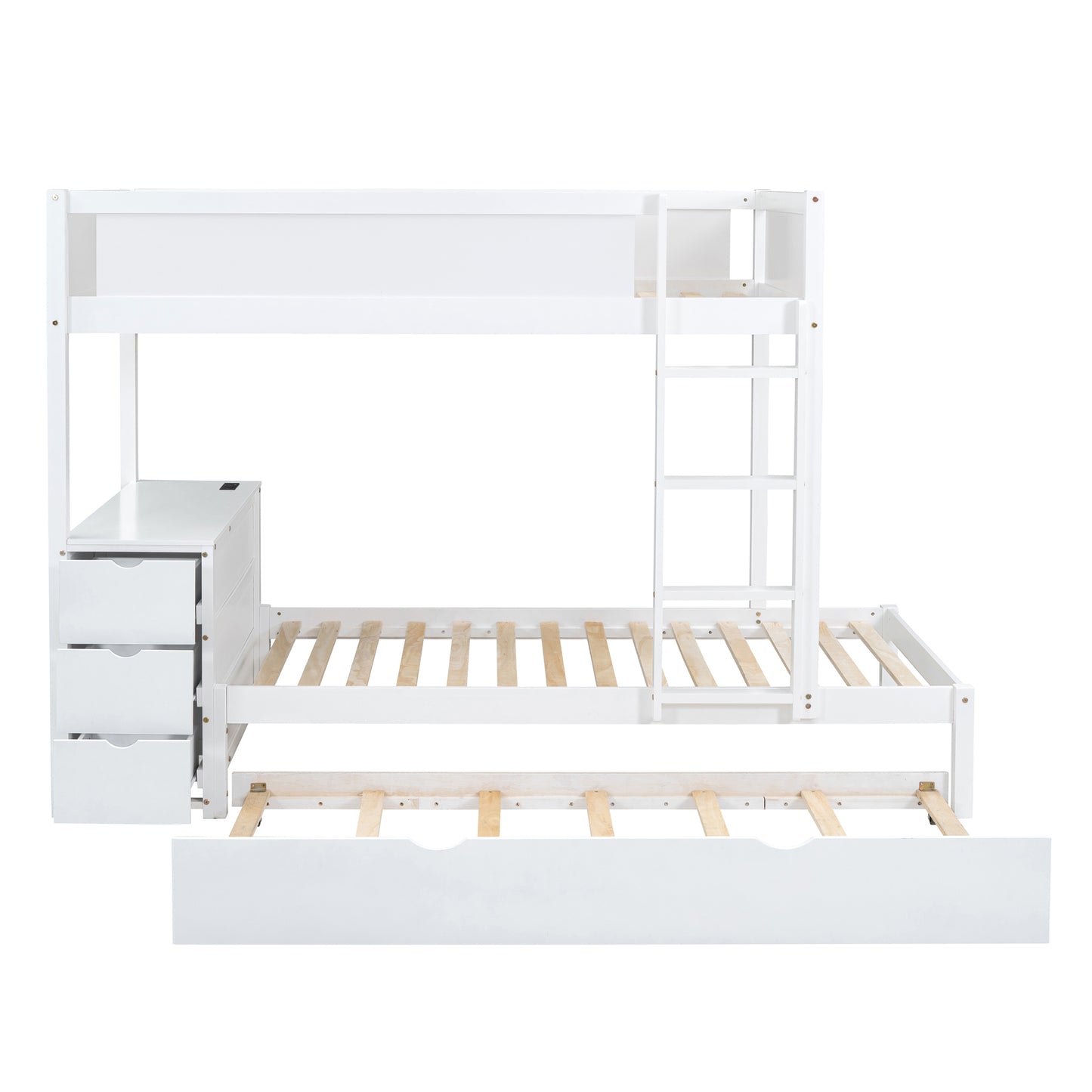 Twin Loft Bed with Trundle, Storage, Desk, and USB Outlets, White