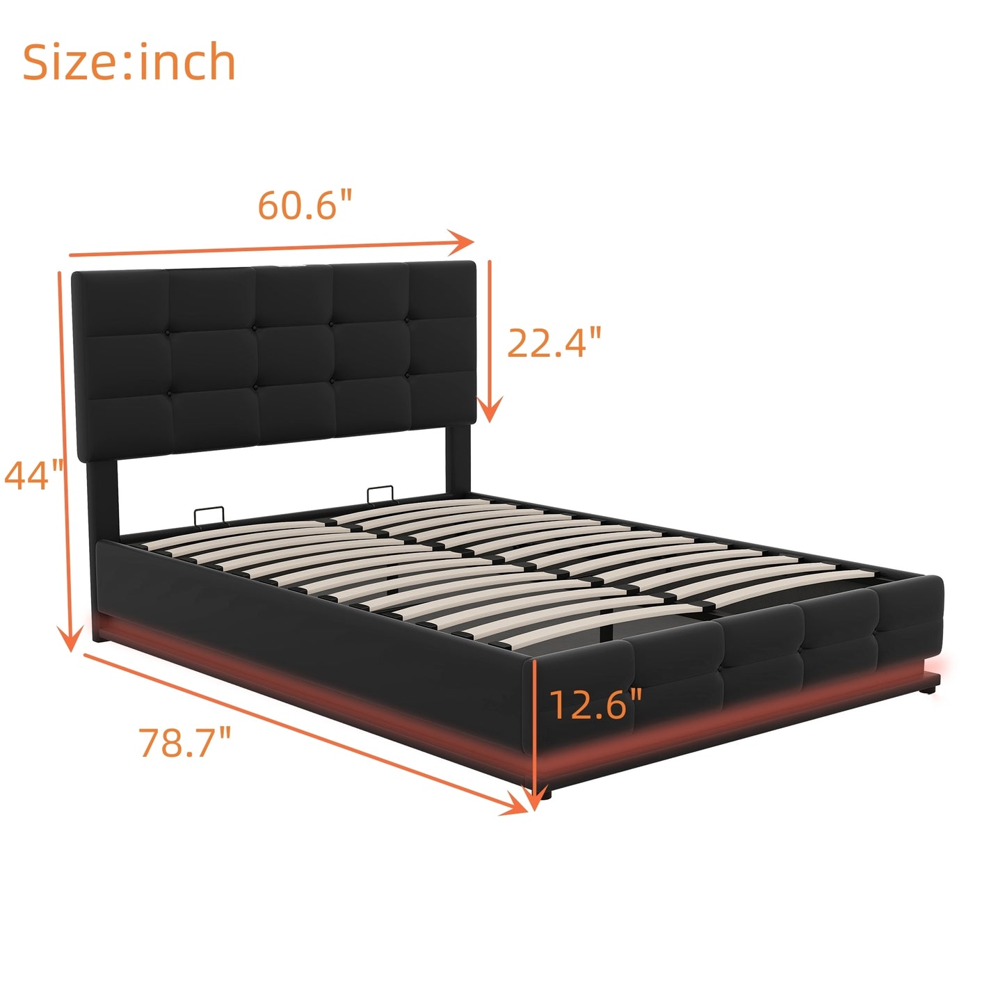 Full Size Tufted Upholstered Platform Bed with Hydraulic Storage System,PU Storage Bed with LED Lights and USB charger, Black