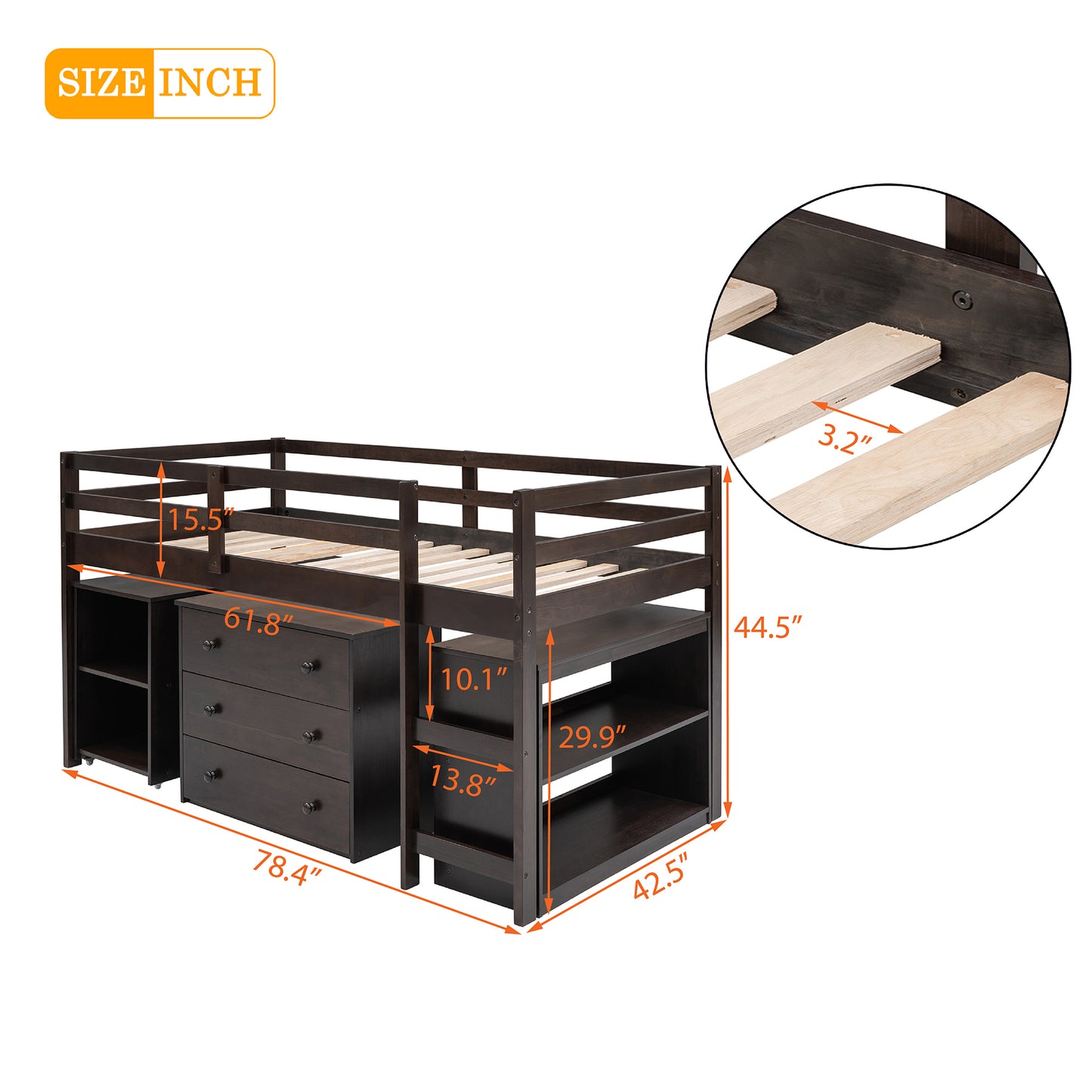 Low Study Twin Loft Bed with Cabinet and Rolling Portable Desk - Espresso