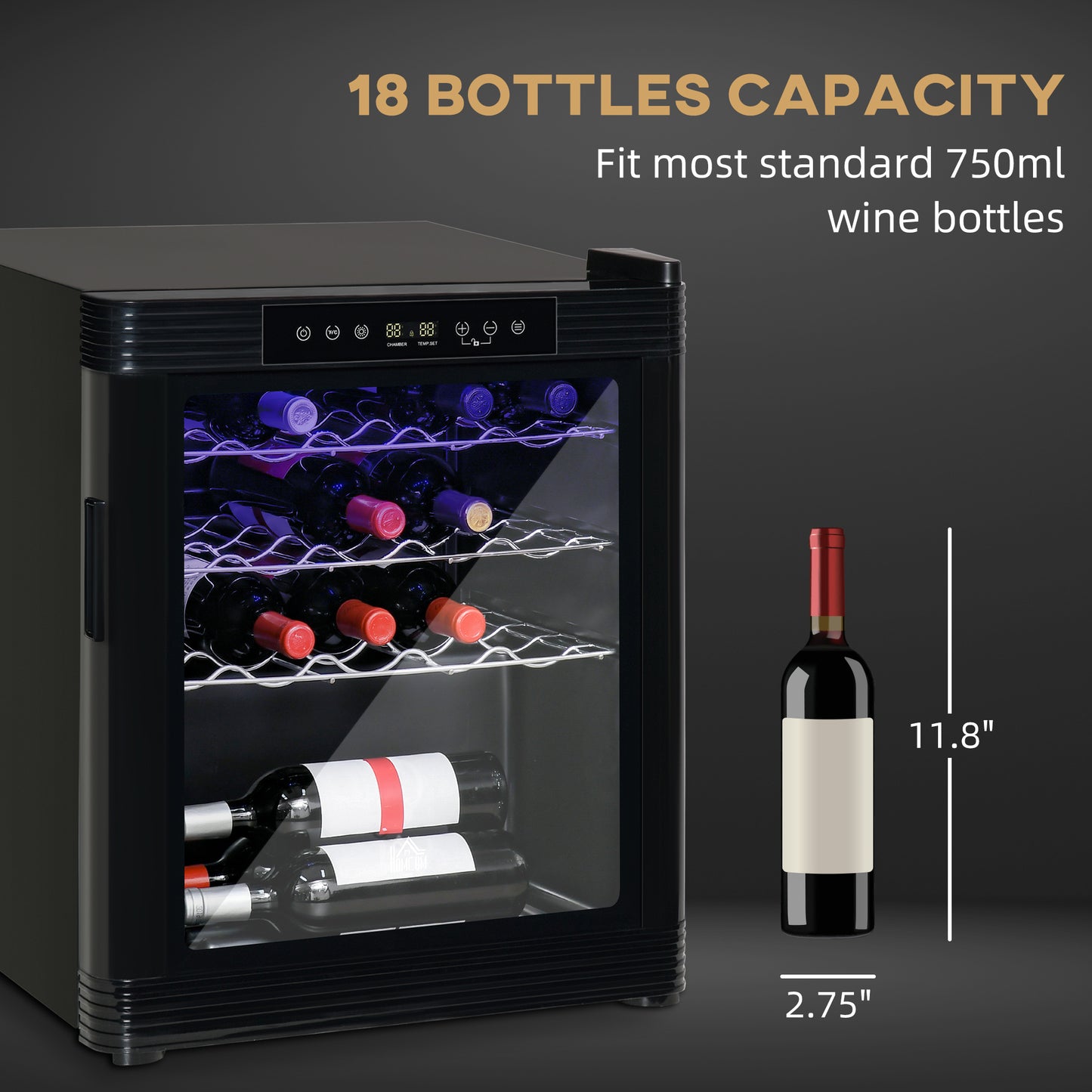 Freestanding 18-Bottle Wine Cooler with Digital Temperature Control and LED Lighting
