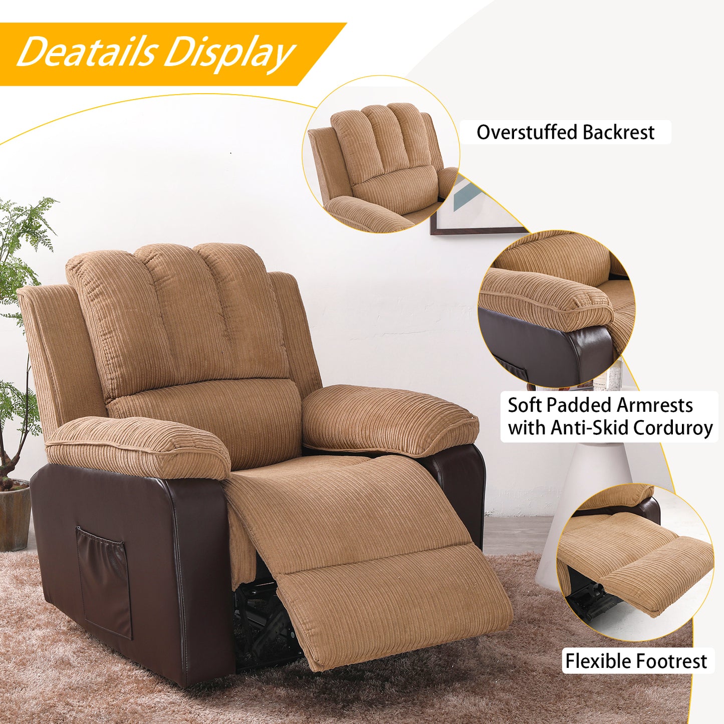 Corduroy + PU material thickened with side pockets armrests ergonomic power sofa chair with 8-point massage heating function