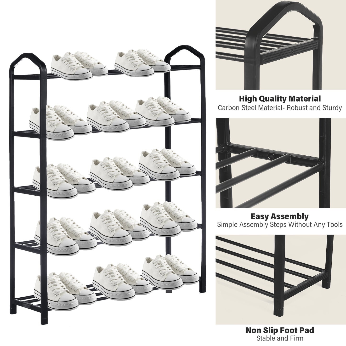 5-Tier Stackable Shoe Rack, 15-Pairs Sturdy Shoe Shelf Storage , Black Shoe Tower for Bedroom, Entryway, Hallway, and Closet