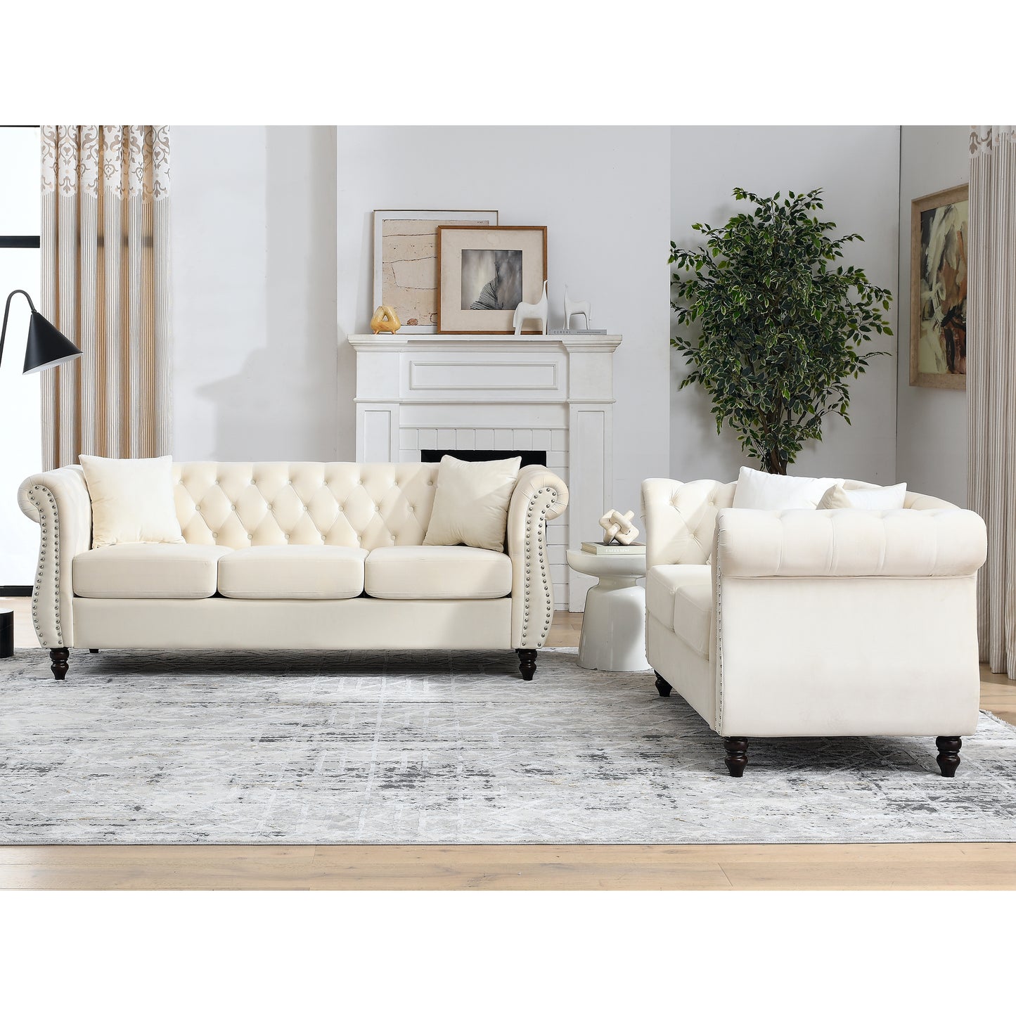 Classic Beige Velvet Chesterfield Sofa Set - 3-Seater and 2-Seater Combination