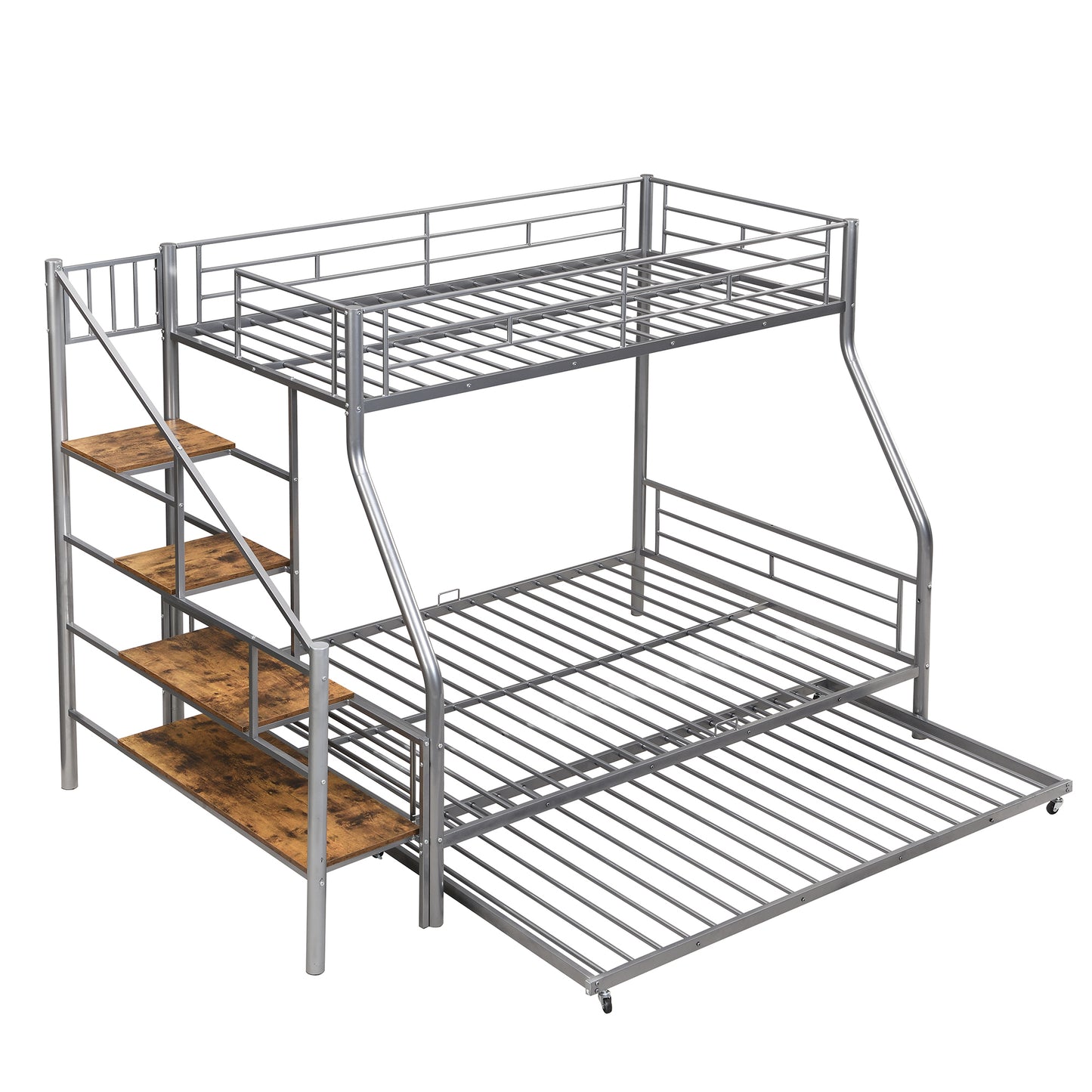 Silver Metal Bunk Bed with Trundle and Storage Staircase