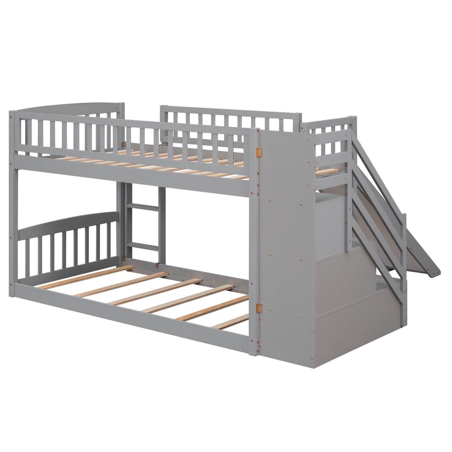 Stairway Twin Bunk Bed with Slide, Drawers, and Gray Finish