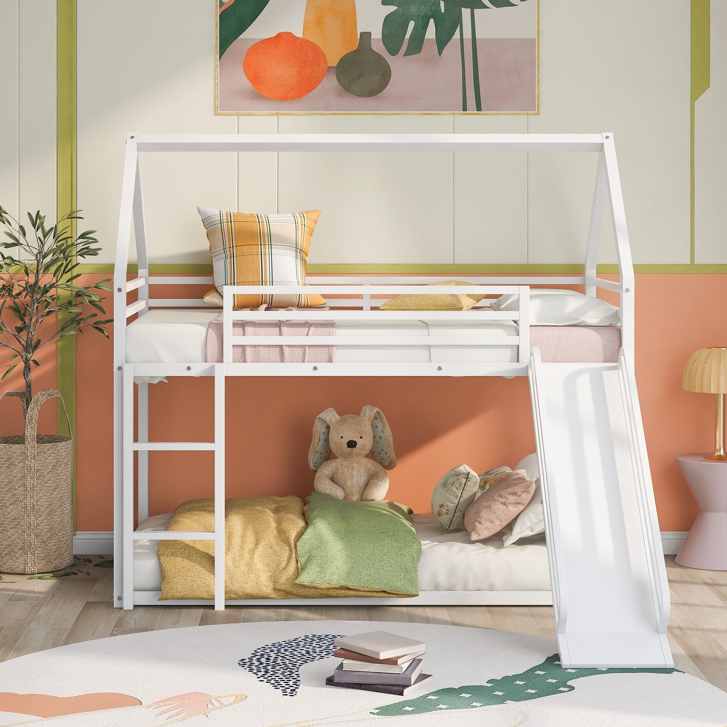 White Twin over Twin House Bunk Bed with Ladder, Slide, and Playhouse