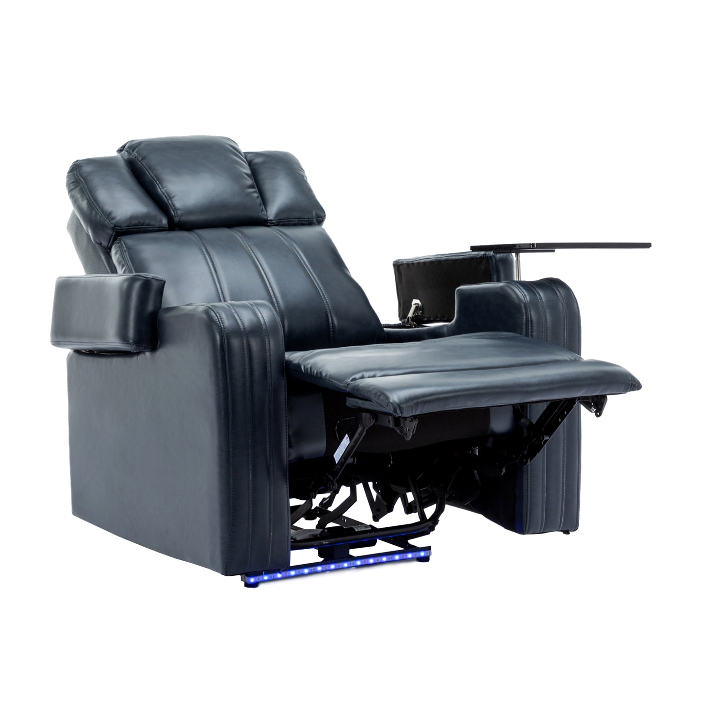 Blue Leather Power Recliner with Cooling Cup Holder, Bluetooth Speaker, and 360° Swivel Tray Table