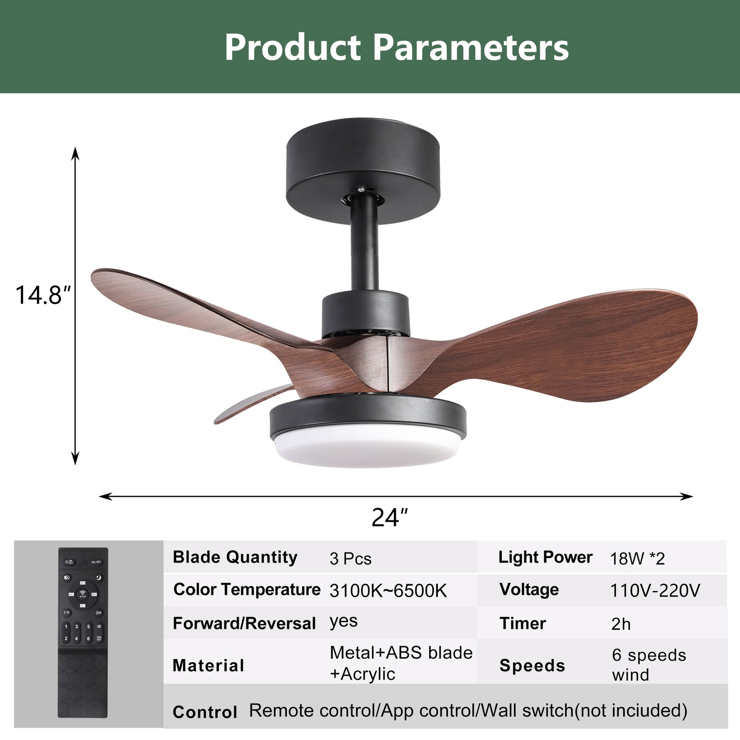 24-Inch Ceiling Fan with Lights Remote Control, 3 Reversible Blades