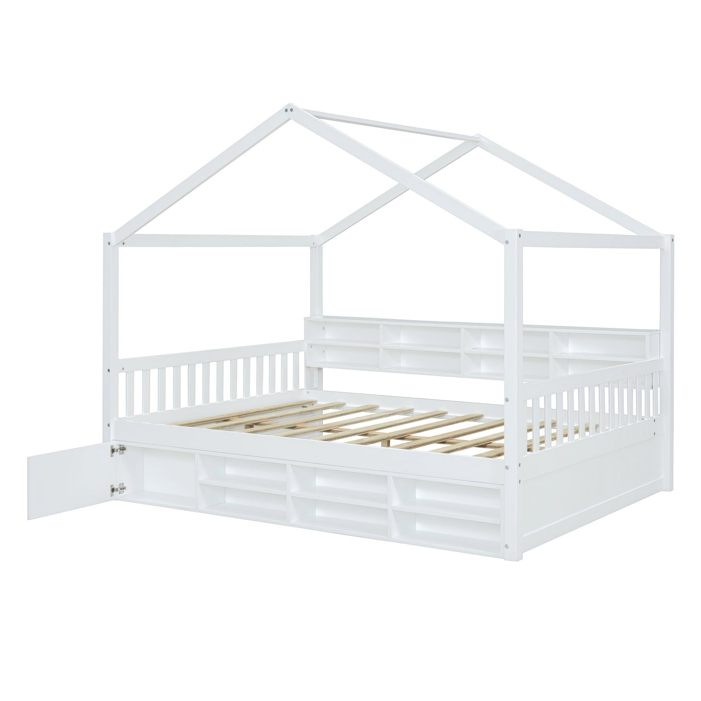 Full Size Wooden House Bed with Shelves and a Mini-cabinet, White