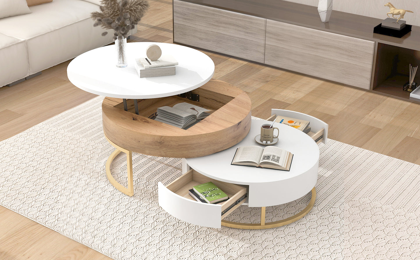 Elegant Lift-Top Coffee Tables Set with Drawers - White & Natural