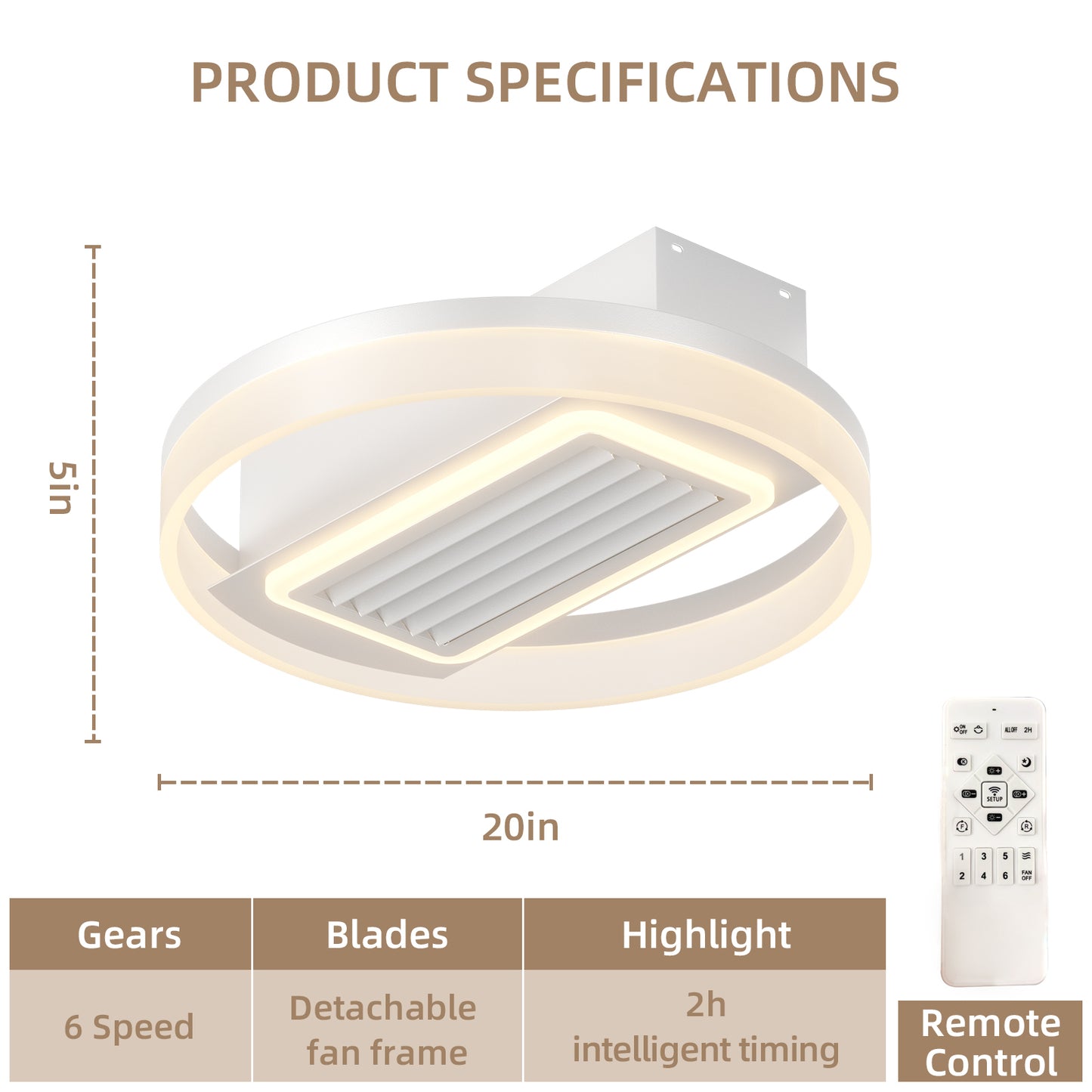 20-Inch Modern Bladeless Ceiling Fan with Remote Control, Washable Components, and Reversible Motor