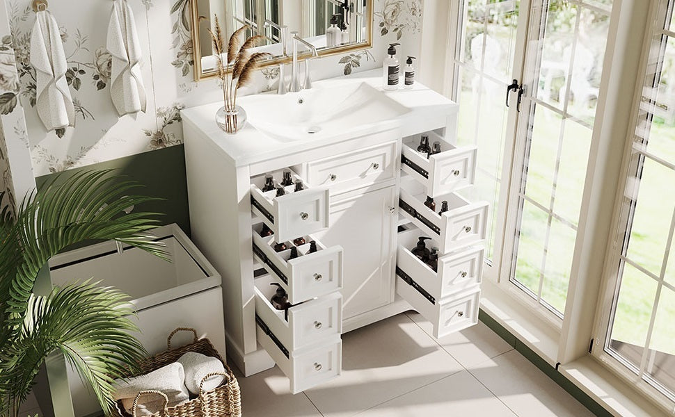 36" Bathroom Vanity with Sink Combo, One Cabinet and Six Drawers, Solid Wood and MDF Board, White