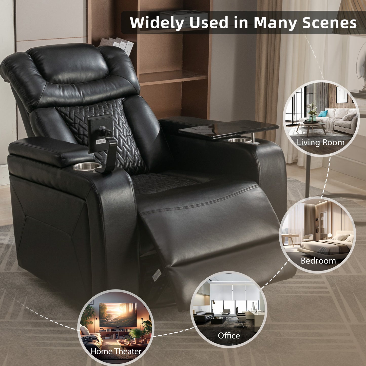 Luxury Black Swivel Recliner Chair with Tray Table, Phone Holder, and USB Port