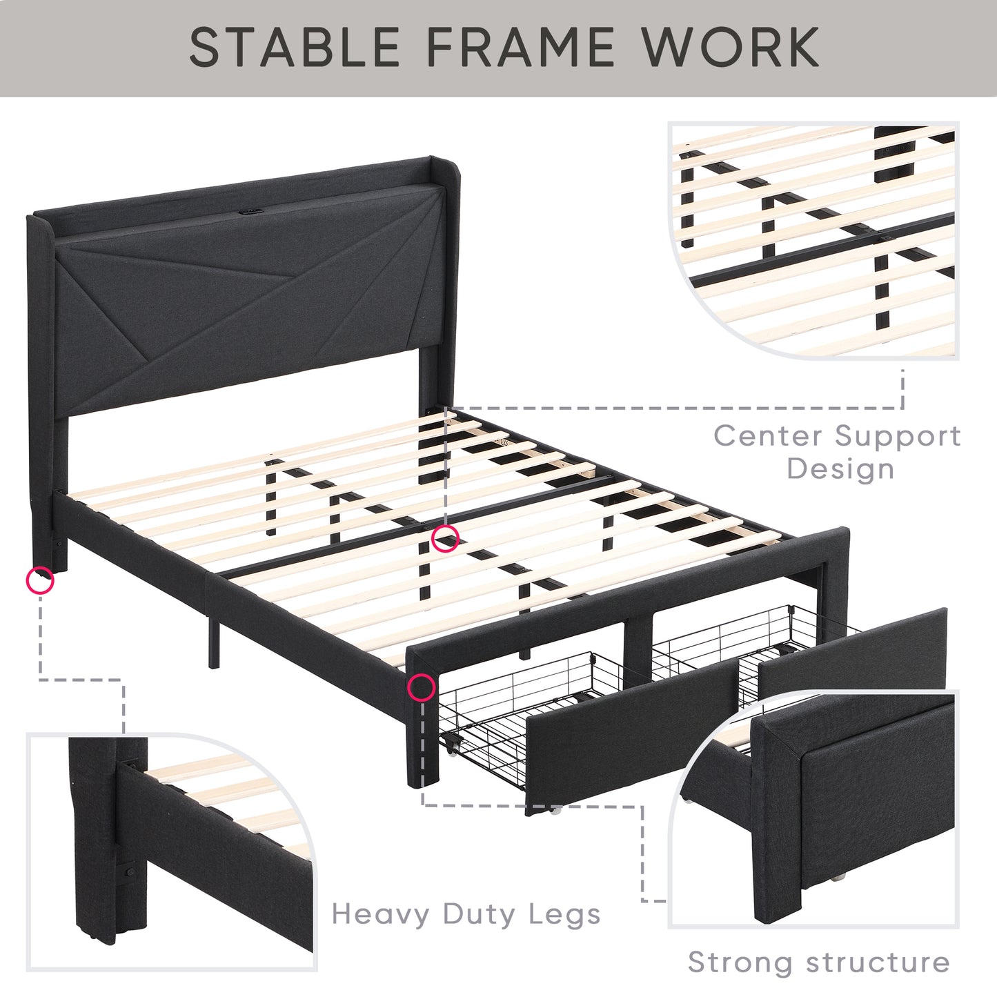 Full Size Bed Frame with 2 Storage Drawers, Upholstered Bed Frame with Wingback Headboard Storage Shelf Built-in USB Charging Stations and Strong Wood Slats Support, No Box Spring Needed, Dark Gray