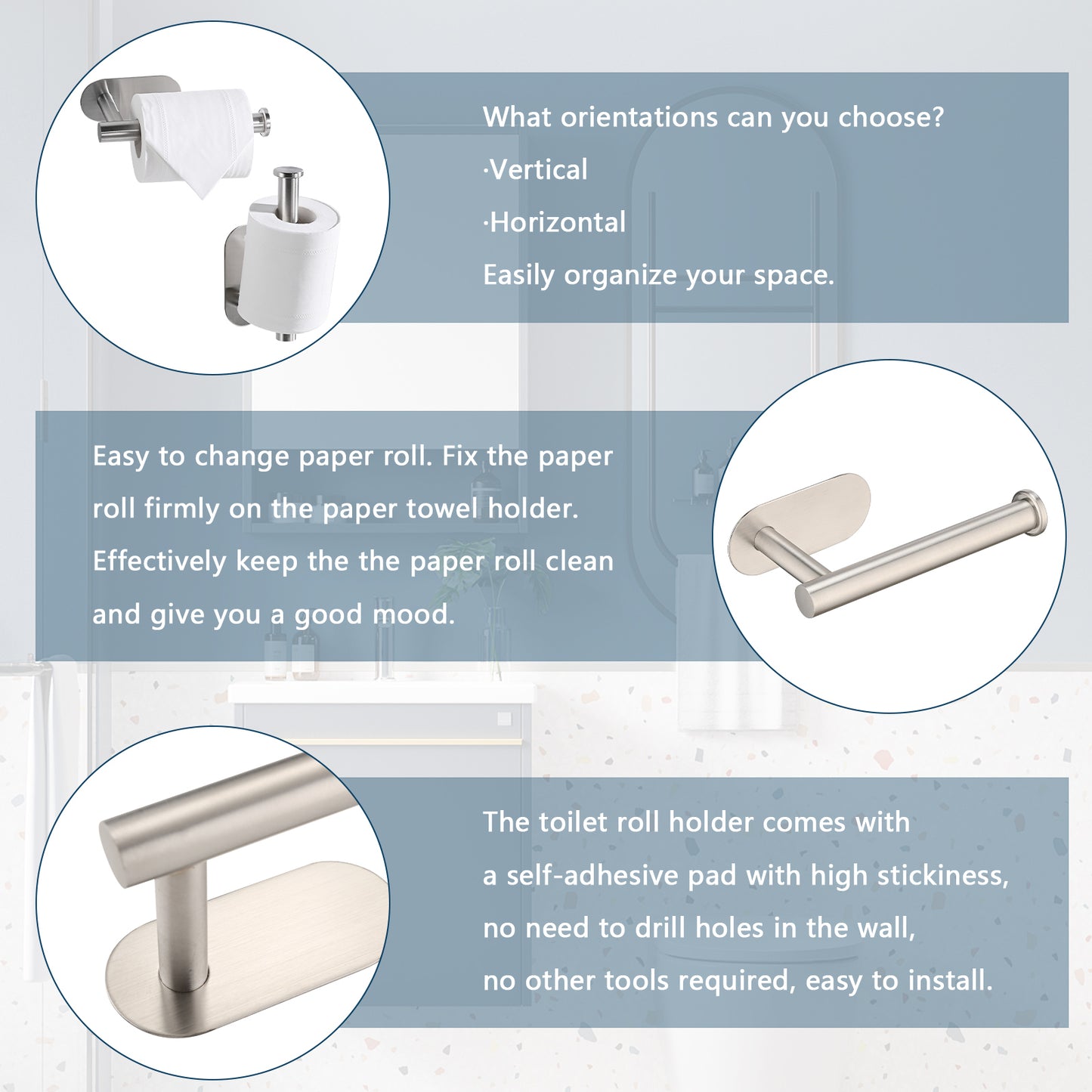 Wall-Mounted Stainless Steel Toilet Paper Holder with Self-Adhesive Feature