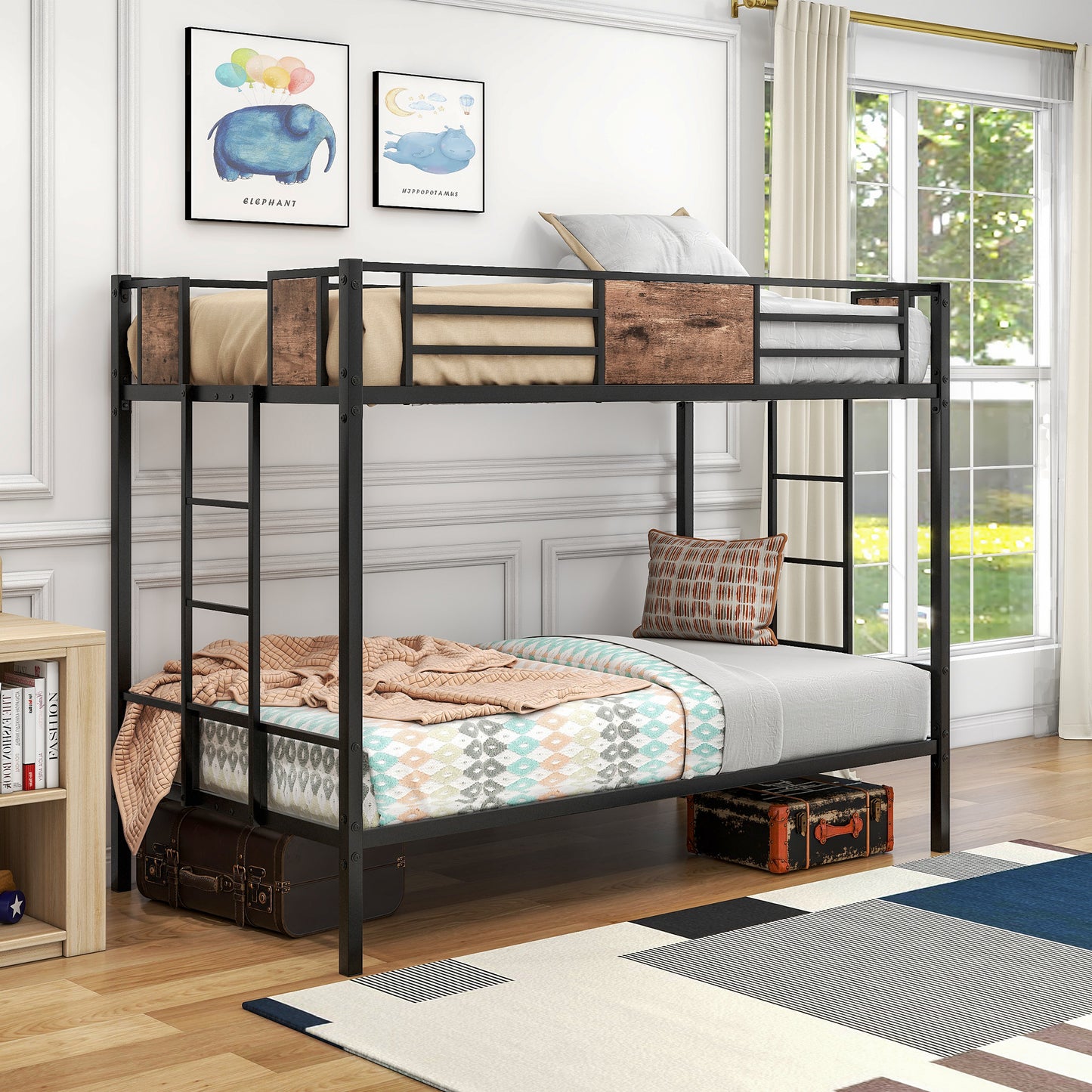 Metal Twin Over Twin Bunk Bed with Ladder, Guardrail, and Storage Space