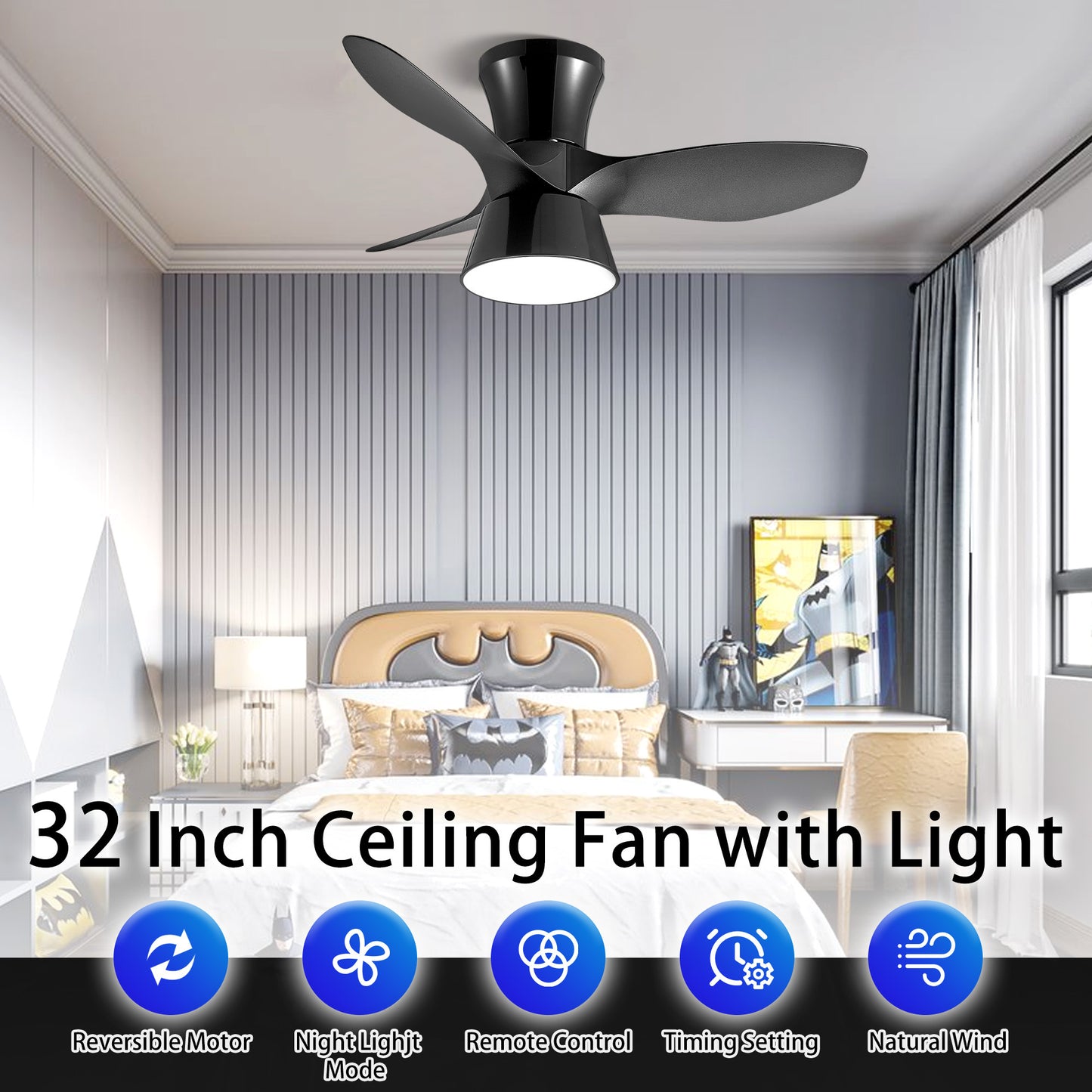 32 Inch Sleek Black Ceiling Fan with Integrated LED Light