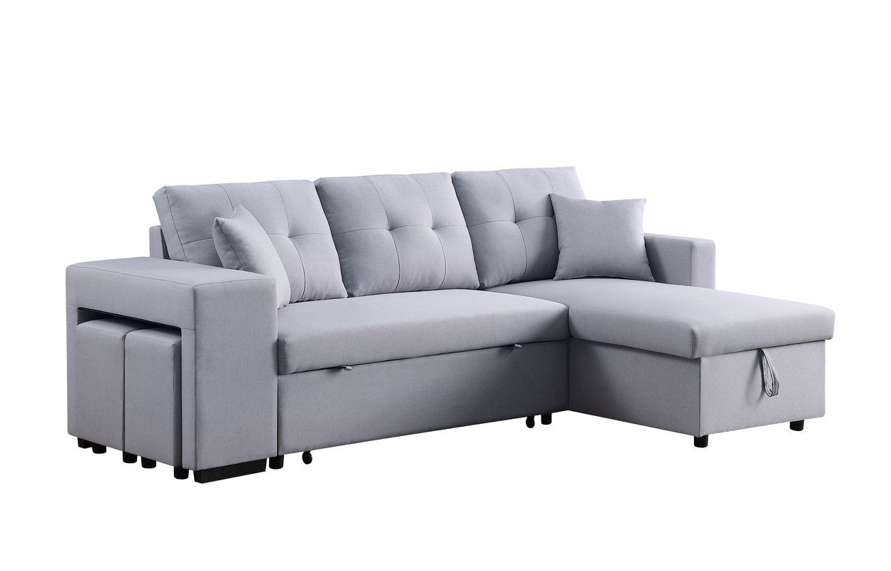 Dennis Light Gray Linen Fabric Reversible Sleeper Sectional with Storage Chaise, Stools, Throw Pillows