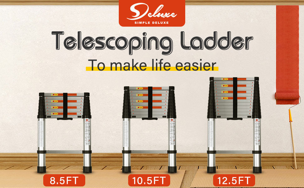 Simple Deluxe Telescoping Ladder 8.5FT Aluminum One-Button Retraction Extension System for Indoor and Outdoor Use, 330lb Load Capacity, (HILADRTELESCOPIC102)