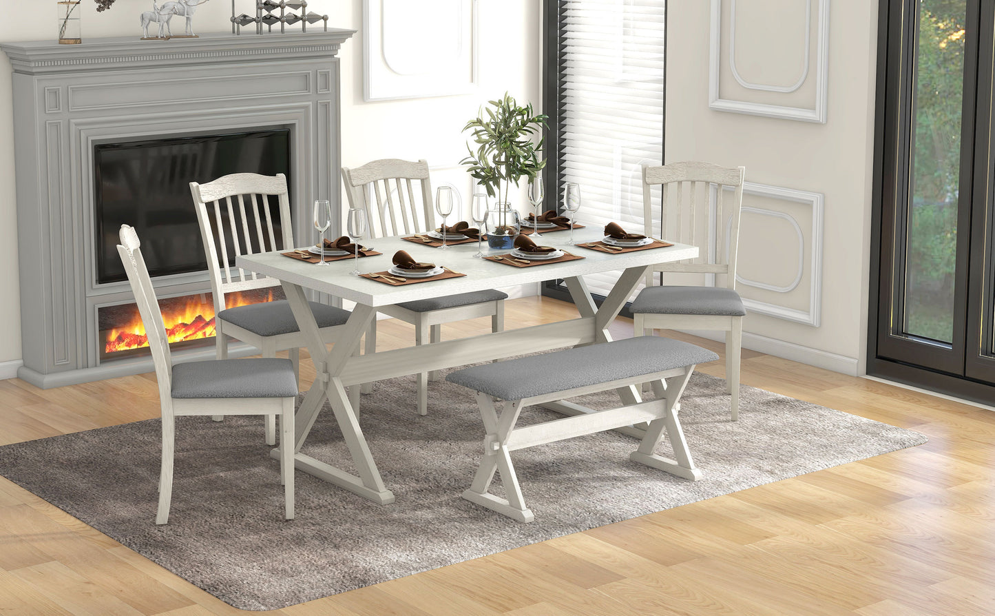 TREXM 6-Piece Rustic Dining Set, Rectangular Trestle Table and 4 Upholstered Chairs & 1 Bench for Dining Room (White Washed)