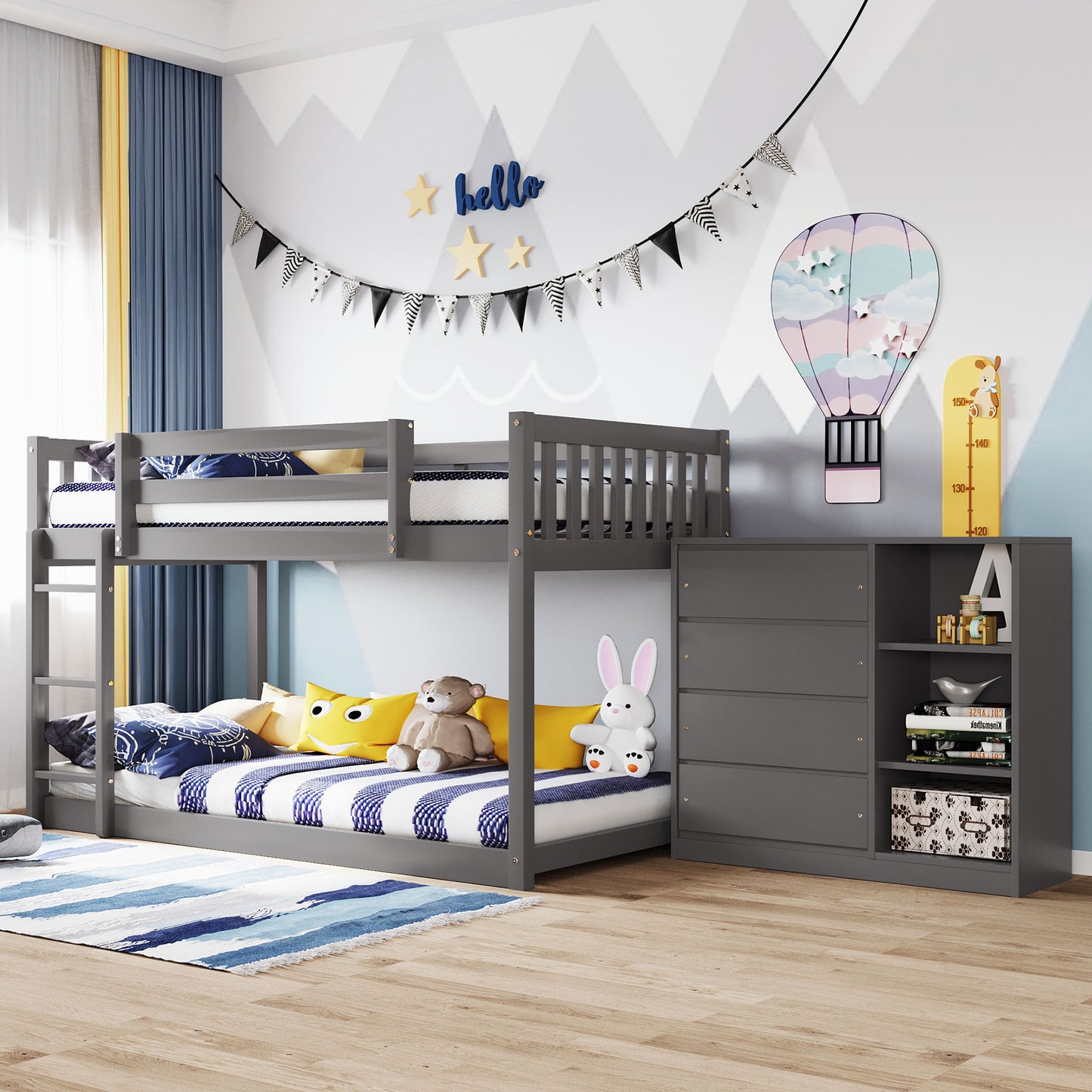 Space-Saving Gray Twin Bunk Bed with Storage and Built-in Shelves for Twin over Twin Configuration