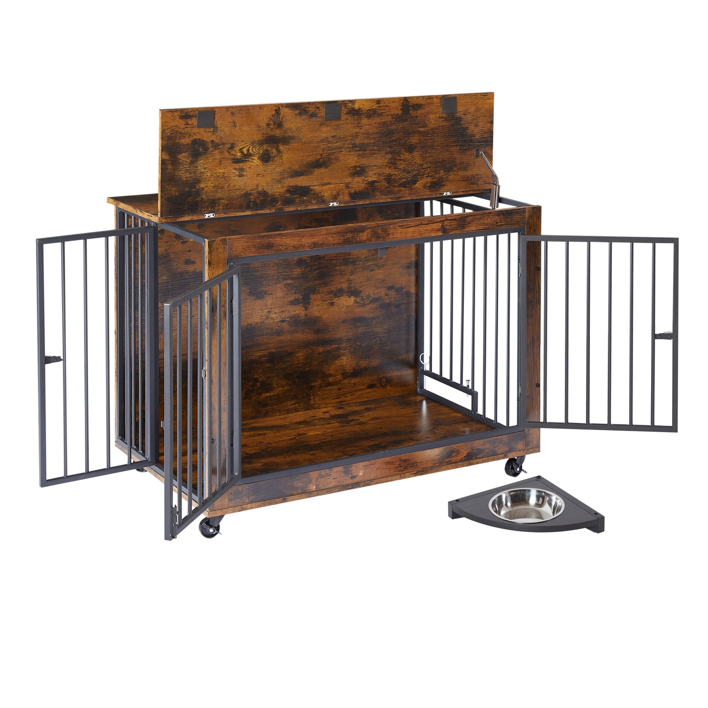 Furniture Style Dog Crate Side Table With Rotatable Feeding Bowl, Wheels, Three Doors, Flip-Up Top Opening. Indoor, Rustic Brown, 38.58"W x 25.2"D x 27.17"H