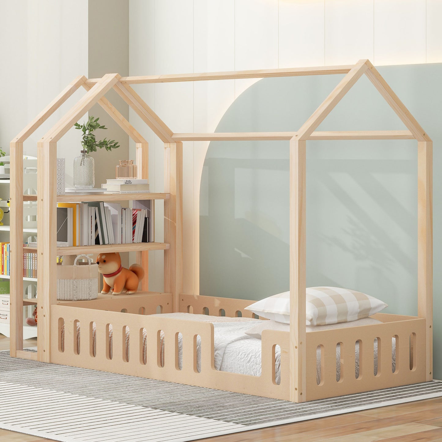 Twin Size Wood House Bed with Fence and Detachable Storage Shelves, Natural (Expected Arrival Time: 1.7)