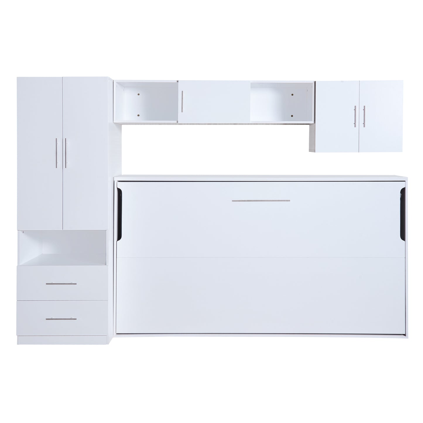 Twin Size Murphy Bed with Open Shelves and Storage Drawers,Built-in Wardrobe and Table, White