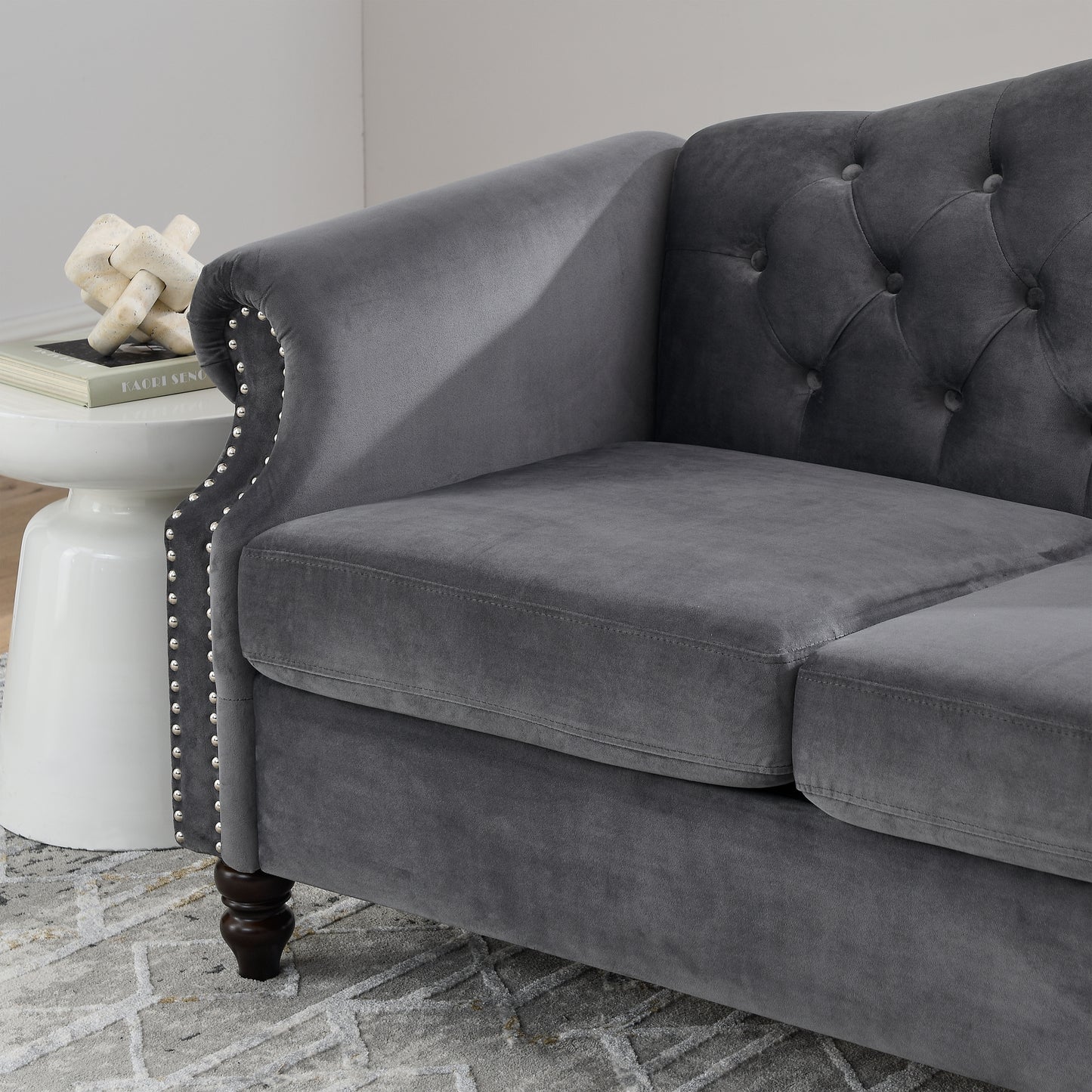 Grey Velvet Chesterfield 3-Seater Sofa Combination with Nailhead Trim