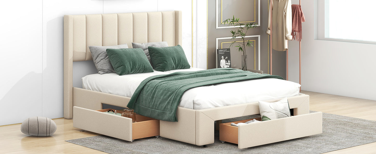 Full Size Upholstered Platform Bed with One Large Drawer in the Footboard and Drawer on Each Side,Beige