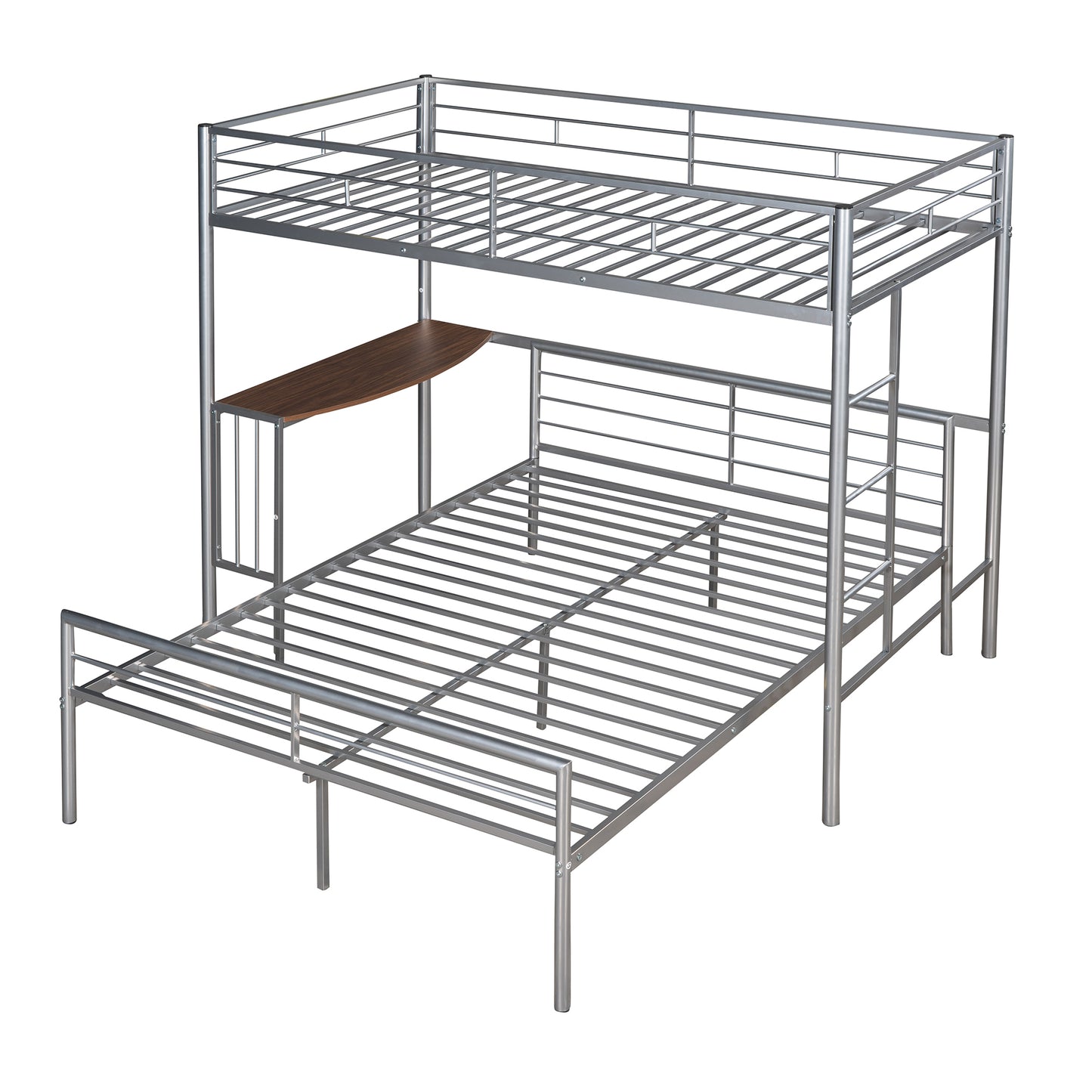 Silver Metal Twin Over Full Loft Bed with Integrated Desk and Ladder