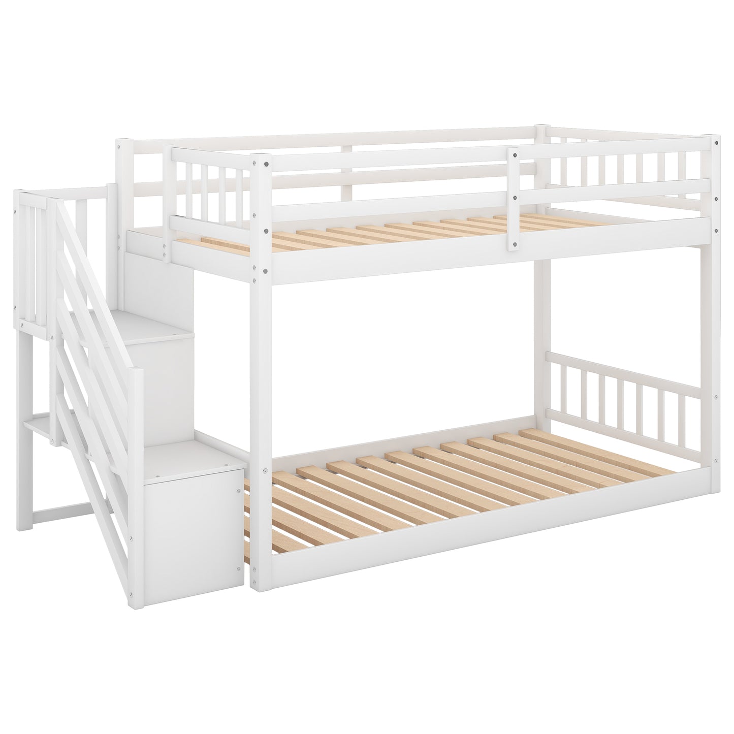 White Twin Floor Bunk Bed with Ladder and Storage