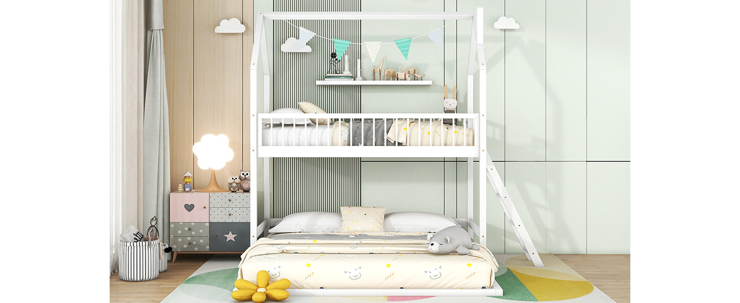 House-Shaped Twin Bunk Bed with Trundle, Ladder, and Twin Over Twin Size Sleep Space