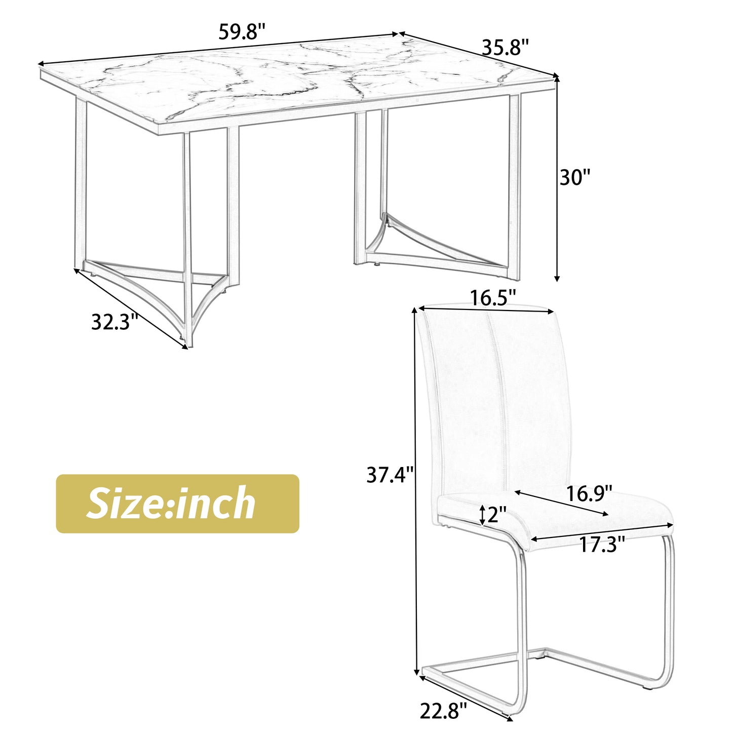 TREXM 7-Piece Modern Dining Table Set, Rectangular Marble Sticker Table and 6 PU Leather Chairs with Golden Steel Pipe Legs for Dining Room and Kitchen (White)