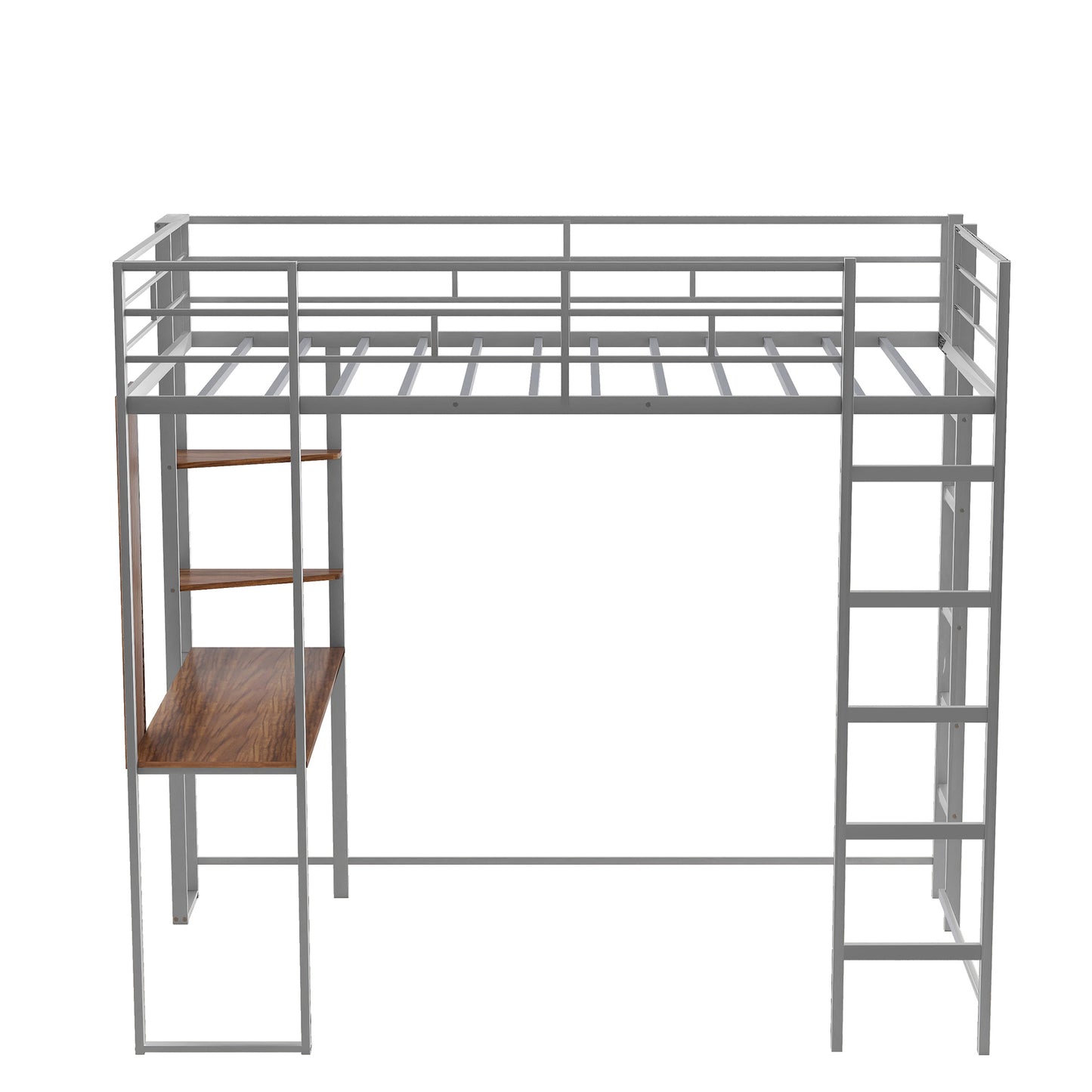 Twin Metal Loft Bed with 2 Shelves and one Desk ,Silver(: MF281206AAN)