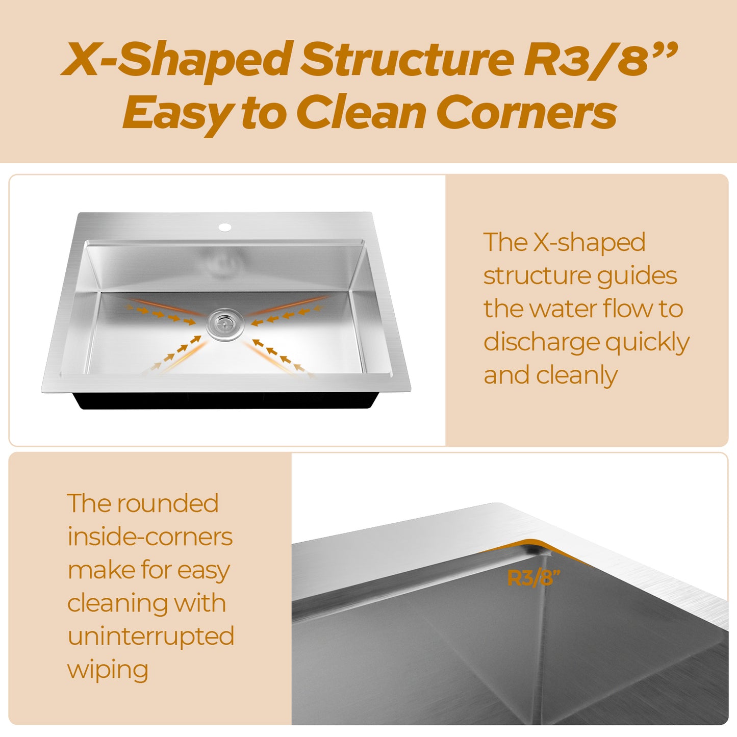 TECASA 33 inch Stainless Steel Kitchen Sink with Silent Operation and Efficient Drainage