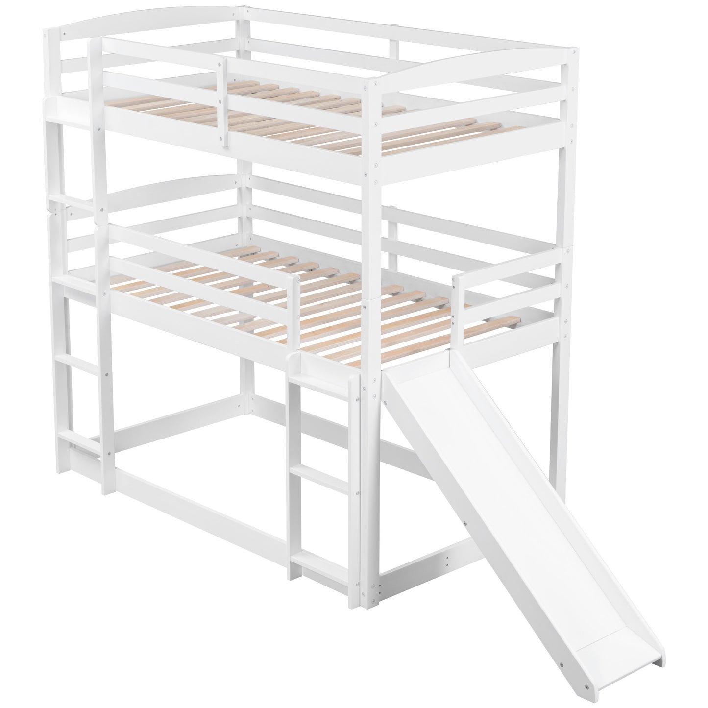 Innovative White Triple Bunk Bed with Slide, Ladder, and Vertical Space Optimization