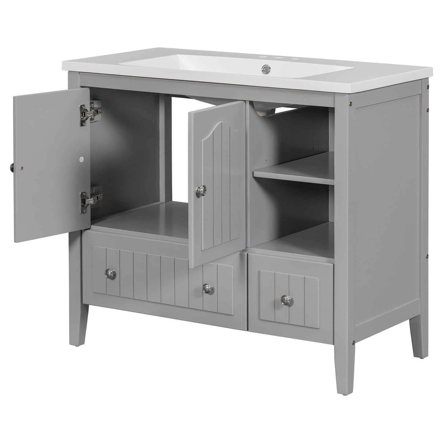 36" Bathroom Vanity with Ceramic Basin, Bathroom Storage Cabinet with Two Doors and Drawers, Solid Frame, Metal Handles, Grey